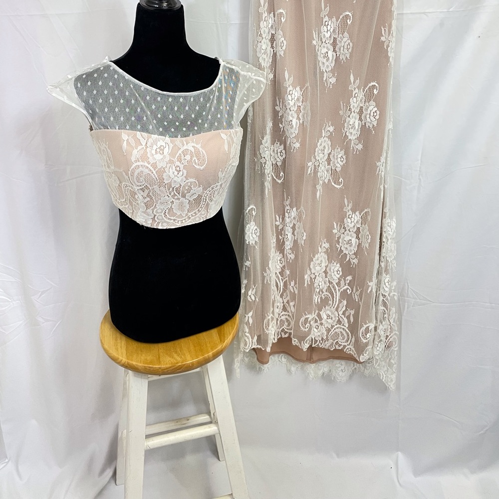 Sherri Hill 50334 2 piece with a delicate lace on top of a solid tan material